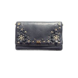 Michael Kors pebble soft navy blue leather embroidered embossed flowers wallet